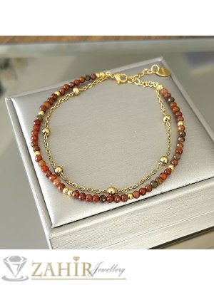 Великолепна двойна гривна за ръка или глезен от естествен африкански ахат 3 мм и стоманена верижка с топчета, стоманени накрайници - GA3221